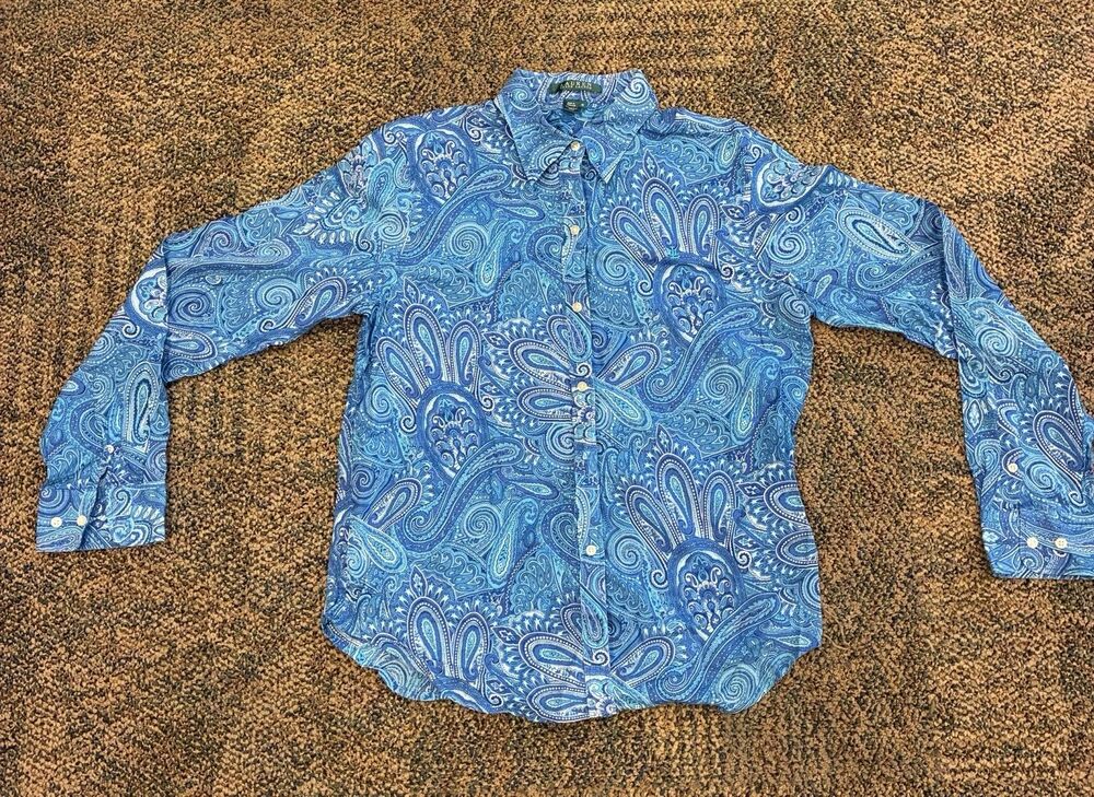 Vintage Ralph Lauren Medium Blue Paisley 100% Cotton Button-Up Shirt